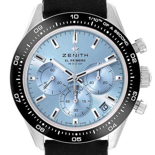 The Zenith Chronomaster watch is shown from a front angle, featuring its bezel, sub-dials, and crown.