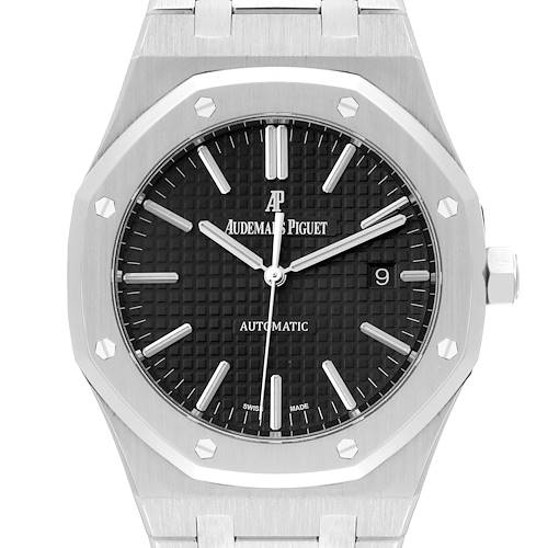 This image shows a front view of an Audemars Piguet Royal Oak watch, highlighting its black dial, octagonal bezel, and bracelet.