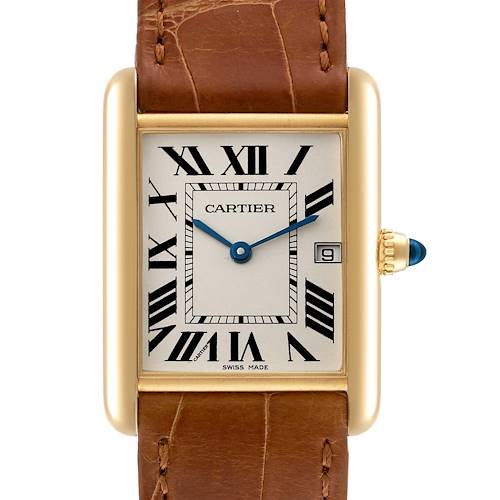 The image shows a frontal view of the Cartier Tank Louis watch, displaying its dial, crown, and brown leather strap.