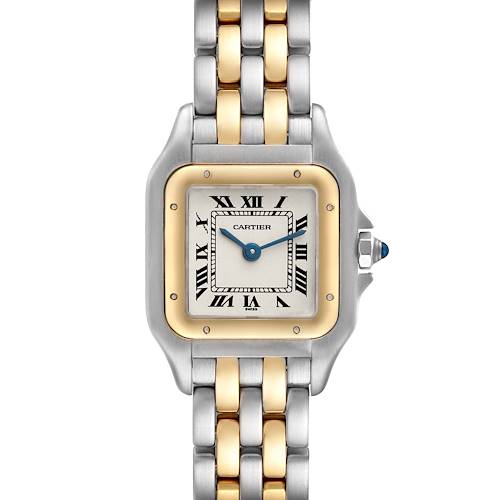 This image shows a front view of the Cartier Panthere watch, highlighting its face, bezel, and two-tone metal bracelet.