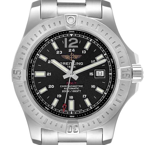 The image shows a front view of the Breitling Colt watch, highlighting the face, bezel, and part of the bracelet.