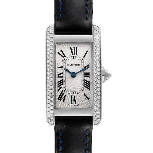 The image shows a front view of the Cartier Tank Americaine watch with its face, bezel, crown, and leather strap visible.