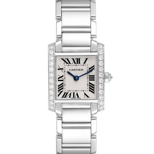 This image shows a front view of the Cartier Tank Francaise watch highlighting its face, bezel, and bracelet.