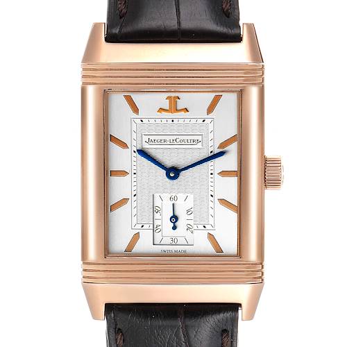 This image shows a front view of a Jaeger-LeCoultre Reverso watch with its rectangular case, dial, and leather strap.
