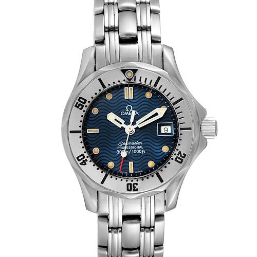 The image shows a front view of the Omega Seamaster Diver 300M Quartz 28mm Steel Ladies Watch 2285.80.00, displaying the dial, hands, bezel, and bracelet.