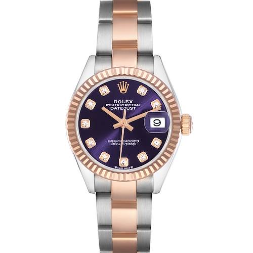 The Rolex Datejust watch is shown from the front, highlighting its dial, bezel, and two-tone bracelet.