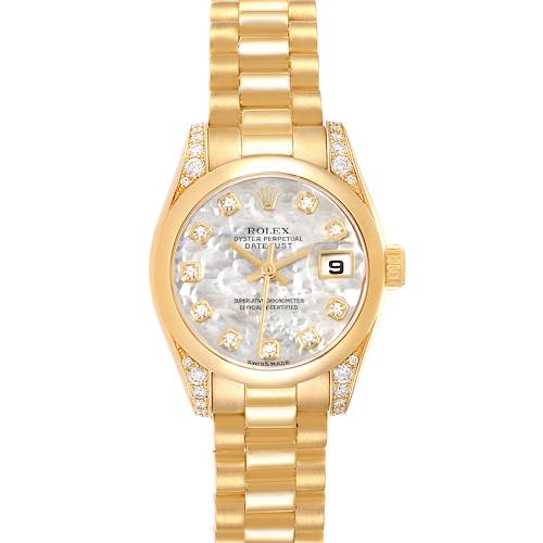 The Rolex President model watch is shown from a top view, featuring its gold bracelet, diamond hour markers, and date display.