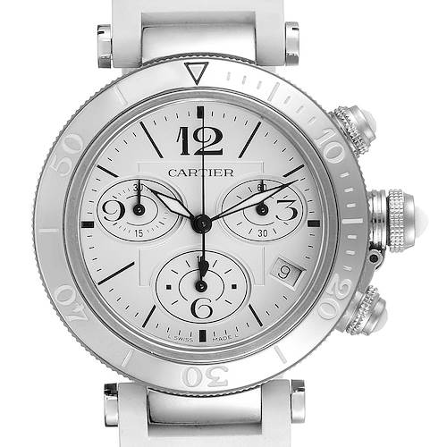 Front view of the Cartier Pasha watch showing the face, bezel, crown, and chronograph subdials.