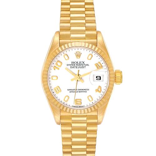 This Rolex President Datejust watch shows a frontal view, displaying its gold bracelet, dial, hands, and date window.