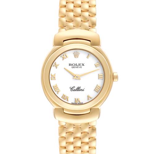 The Rolex Cellini watch is shown from a straight-on angle, displaying the face, bezel, and part of the bracelet.