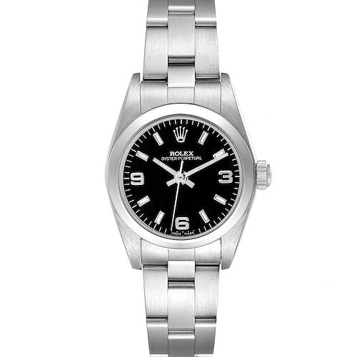 The Rolex Oyster Perpetual is shown from the front, featuring the dial, bezel, bracelet, and crown.