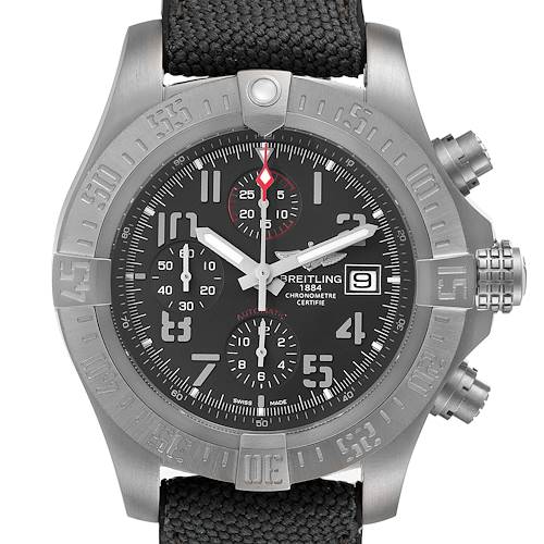 The image shows a frontal view of a Breitling Avenger watch, highlighting the dial, bezel, and pushers.