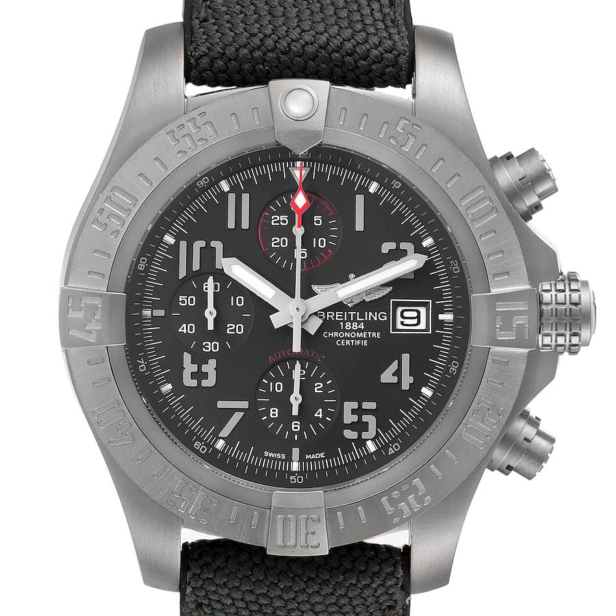 This image shows a front view of the Breitling Avenger watch displaying its dial, bezel, crown, and chronograph pushers.