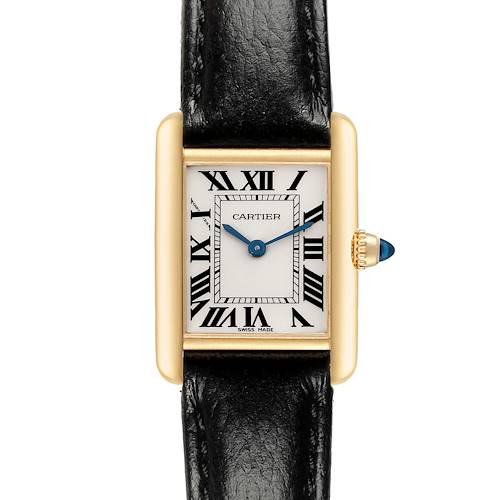 The Cartier Tank Louis watch is shown from a frontal angle, highlighting the dial, case, crown, and leather strap.
