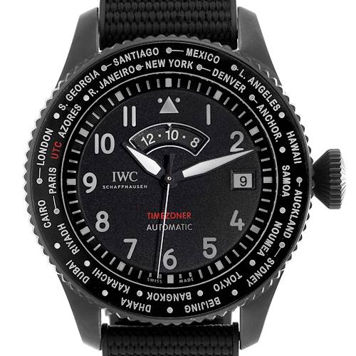 The IWC Pilot Timezoner watch is shown from the front, displaying the face, bezel, and strap attachment.