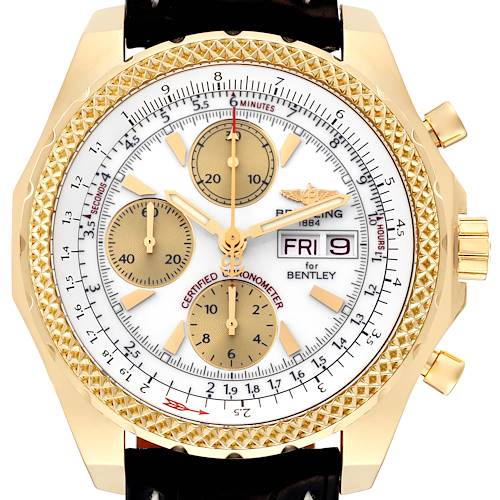 The image shows a close-up front view of the face of the Bentley model watch by Breitling, highlighting its dials and bezel.