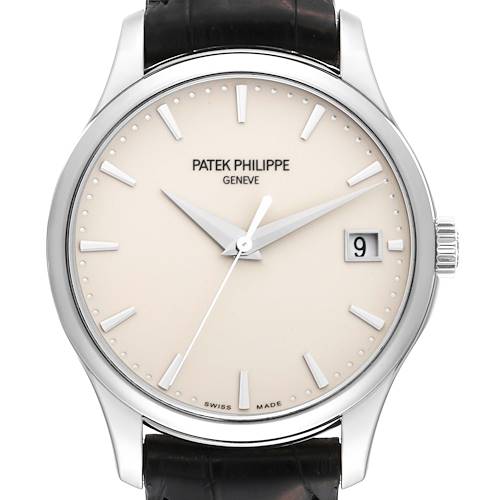 The Patek Philippe Calatrava watch is shown from the front, displaying its face, dial, hands, and date window.