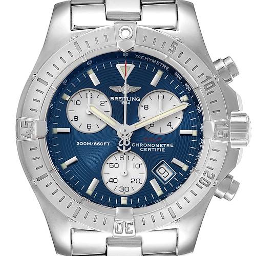 This image shows a top-down close-up of the Breitling Colt watch, featuring its blue dial, three sub-dials, date window, and metal bracelet.