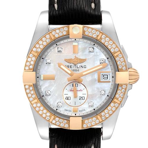 The image shows a front view of the Breitling Galactic watch, highlighting its diamond-studded bezel, dial, hands, and calendar window.