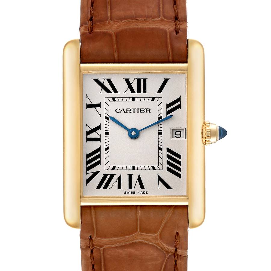The image shows a front view of a Cartier Tank Louis watch with a brown leather strap and a rectangular dial featuring Roman numerals.