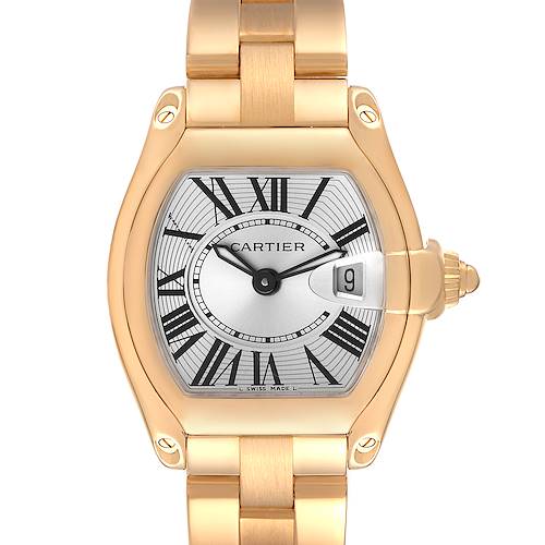 The Cartier Roadster watch is shown from a front angle, highlighting the dial, bezel, case, and a portion of the bracelet.