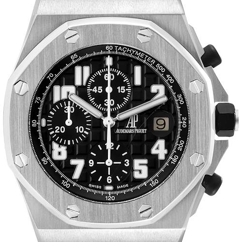 The image shows a front view of the Audemars Piguet Royal Oak watch, highlighting its dial, bezel, and chronograph subdials.
