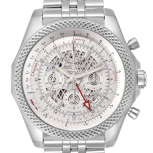 The image shows a front view of a Breitling Bentley watch, highlighting the intricate dial and stainless steel bracelet.