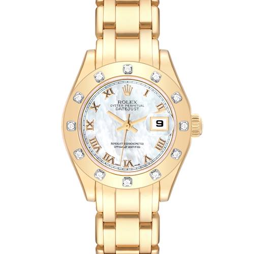 The image shows a front view of a Rolex Pearlmaster watch, featuring a gold band, Roman numeral markers, and a date display.