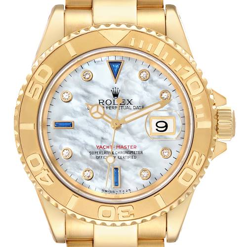 This image shows a front view of a Rolex Yacht-Master, highlighting the dial, bezel, crown, and bracelet.