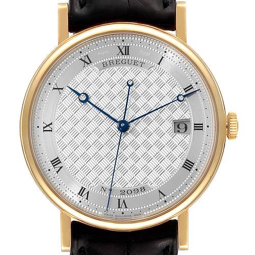 This image shows a Breguet Classique model watch from a straight-on view, highlighting the dial, hands, date display, and part of the strap.