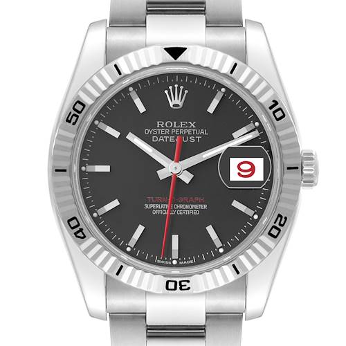 This image shows a front-facing view of the Rolex Turn-o-Graph watch, featuring the dial, bezel, and partial bracelet.