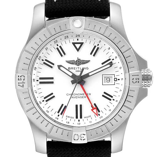 The Breitling Avenger watch is shown from a top-down view, displaying its face, bezel, and strap.