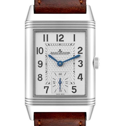 This image shows a front view of a Jaeger-LeCoultre Reverso watch with a brown leather strap.