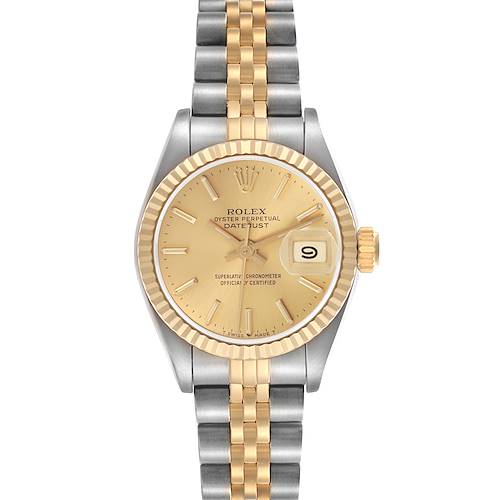 The Rolex Datejust watch is shown from a top-down angle, displaying the dial, bezel, bracelet, and crown.