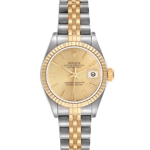 The Rolex Datejust watch is shown from a top-down angle, displaying its face, bezel, and two-tone bracelet.