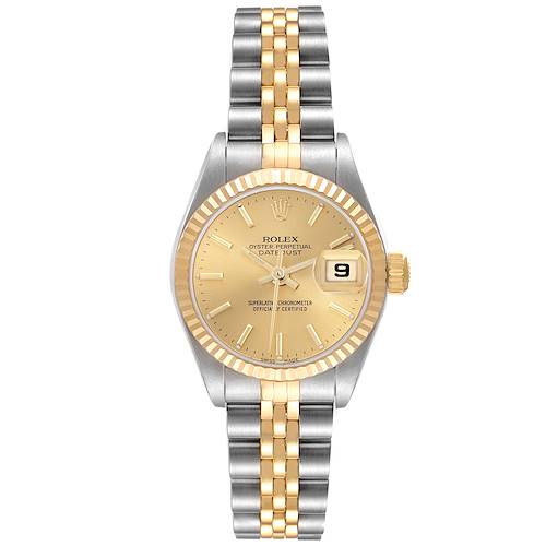 The Rolex Datejust watch is shown from the front, displaying the dial, hands, date window, and part of the bracelet.