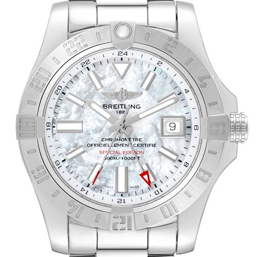 The image shows a front view of a Breitling Avenger watch, highlighting the dial, bezel, crown, and part of the bracelet.