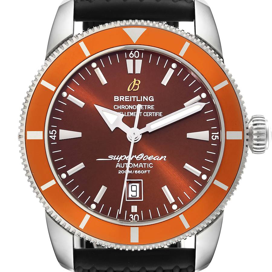 The image shows a front view of a Breitling Superocean watch, highlighting its orange bezel, dial, hands, and date display.
