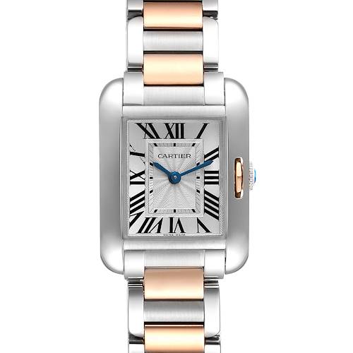The image shows a front view of a Cartier Tank Anglaise watch, highlighting its rectangular face, Roman numerals, and two-tone bracelet.