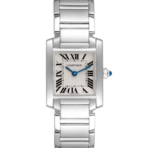 The image shows a frontal view of the Cartier Tank Francaise watch, displaying the face, bracelet, and crown.