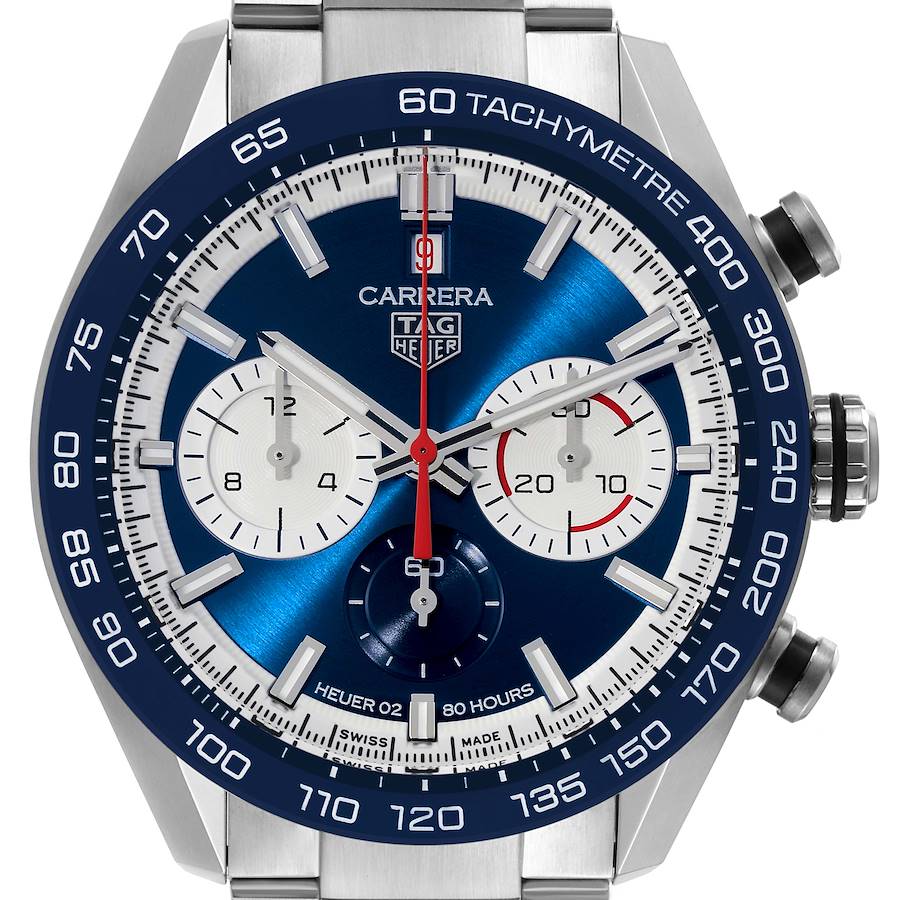 The Tag Heuer Carrera watch is shown from a front angle highlighting the dial, tachymeter, and sub-dials.