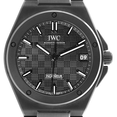The IWC Ingenieur watch is shown from the front, displaying its textured dial, hour markers, hands, and date window.