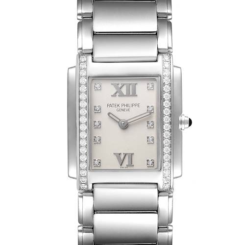 The image shows a front view of a Patek Philippe Twenty-4 watch, including the face, dial, bezel, and part of the bracelet.