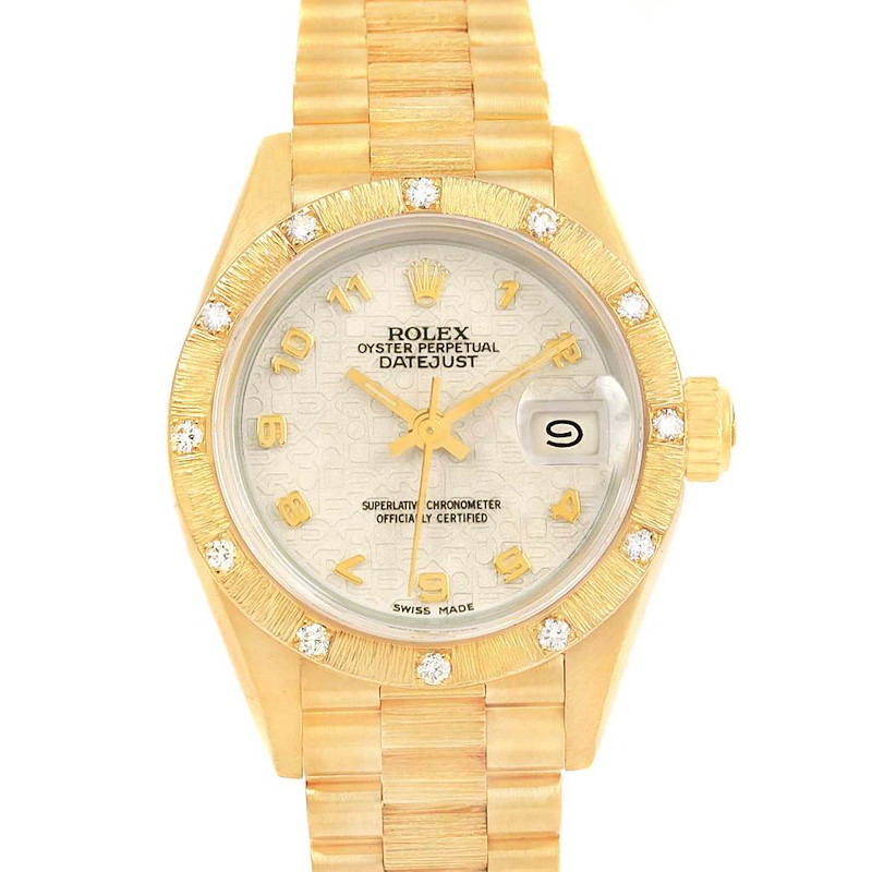 This Rolex President Datejust watch is shown from a front angle, clearly displaying the face, bezel, and bracelet.