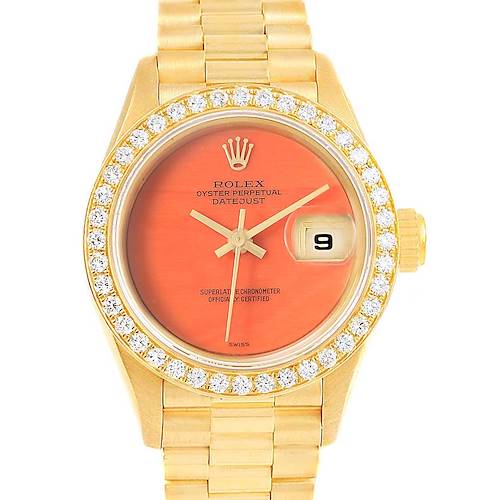 This image shows a front view of a Rolex President model watch, displaying the face, bezel, and part of the bracelet.