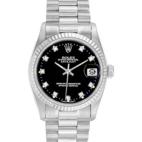 The image shows a front view of a Rolex President model watch, displaying its face, bezel, and bracelet.
