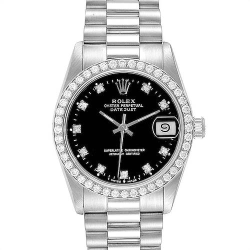 The image shows a front view of the Rolex President model, featuring a black dial, diamond hour markers, and a date window.