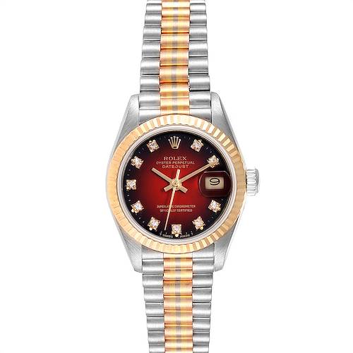 This Rolex President model watch is shown from the front, displaying the face, bezel, and bracelet.