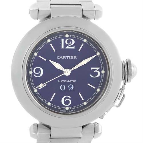 This image shows a frontal view of a Cartier Pasha model watch highlighting its face, crown, and part of the bracelet.