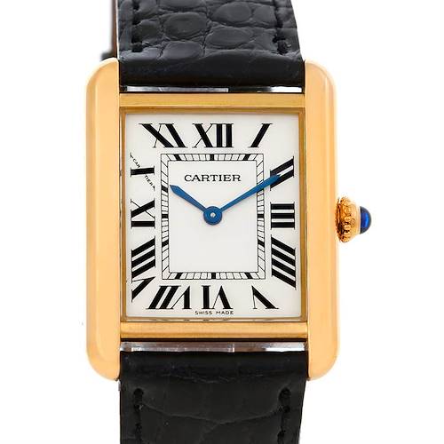 The image shows a close-up front view of the Cartier Tank Solo watch face and part of its black leather strap.
